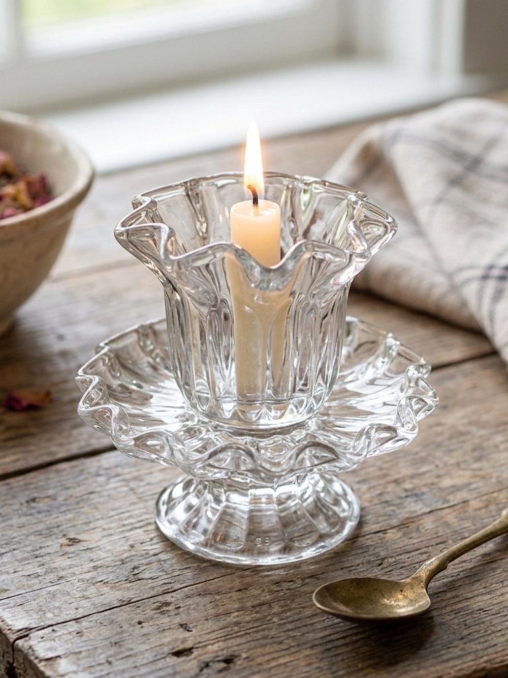 Vintage PartyLite Chantilly Clear Glass Votive Candle Holder with Ruffled Edges
